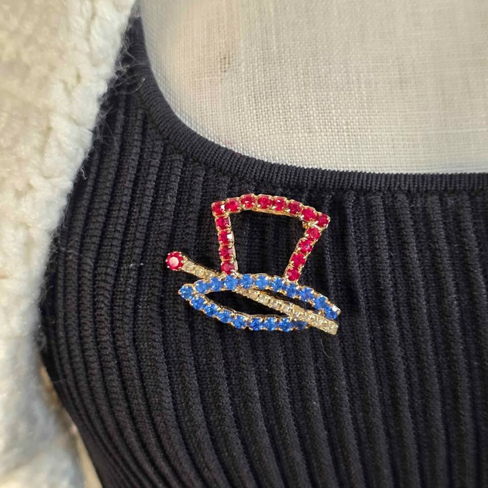 Vintage Rhinestone Uncle Sam Hat Brooch Red White Blue Patriotic Pin